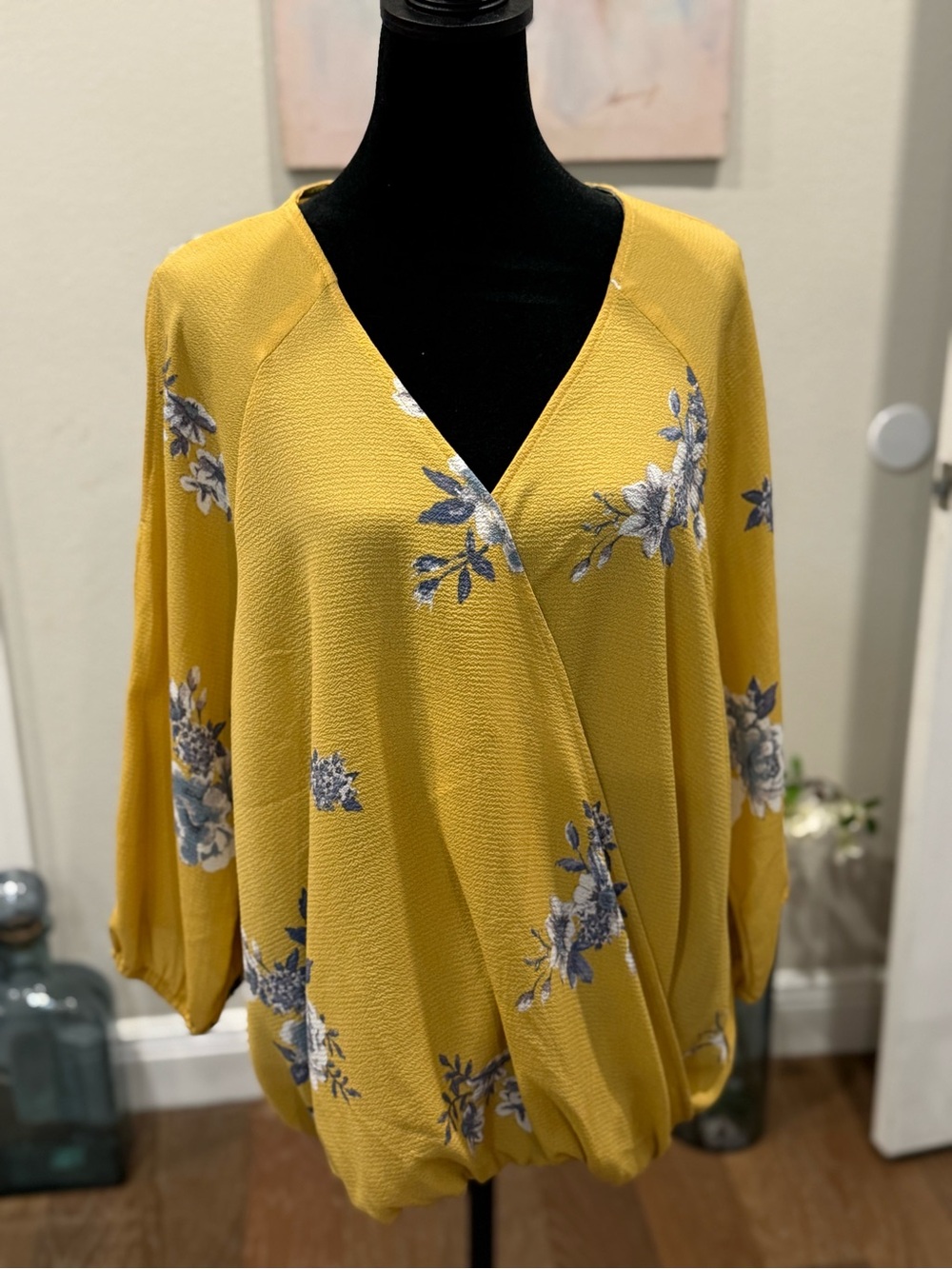 Yellow Floral Surplice Blouse with Balloon Hem